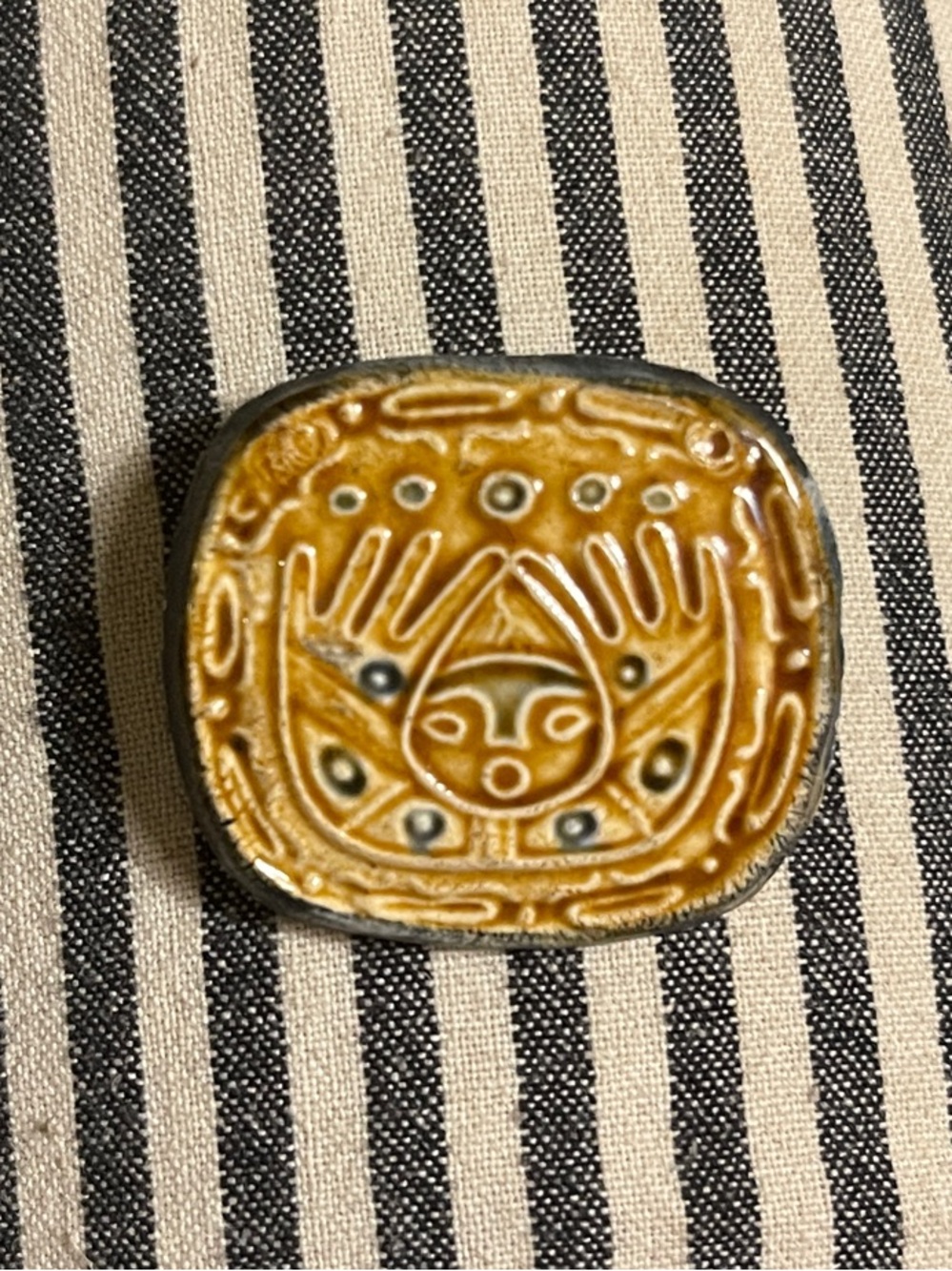 Handmade Ceramic Pin with Sun Motif - Mustard Yellow